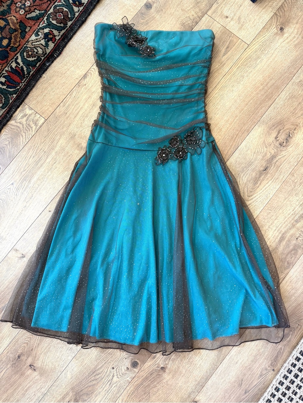 Y2K Grunge Fairycore Whimsigoth Strapless Drop Waist Teal with Sparkly Overlay